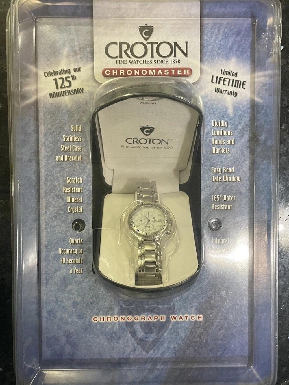 Croton Chronomaster Silver Stainless Steel Chronograph Watch New